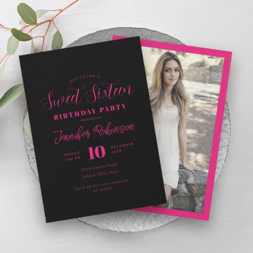 simple hot pink black photo sweet 16 sixteen invitation