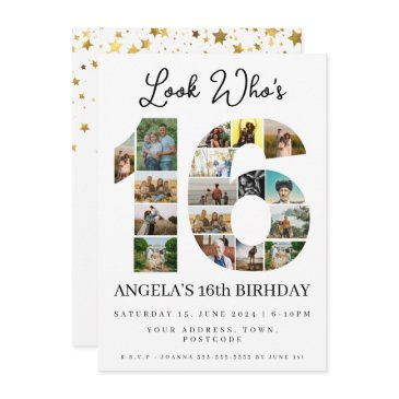 simple look who's 16 photo collage teen birthday invitation