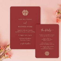 Small Simple Minimalist Modern Chinese Red Wedding Invitation Front View