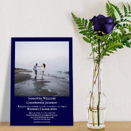 Small Simple Minimalist Modern Navy Blue Photo Wedding Invitation Front View
