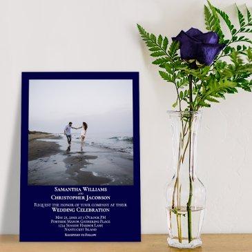 simple minimalist modern navy blue photo wedding invitation