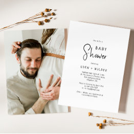 Small Simple Modern Neutral Couples Photo Baby Shower Invitation Front View