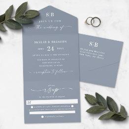 Small Simple Monogram & Script Dusty Blue Wedding All In One Invitation Front View
