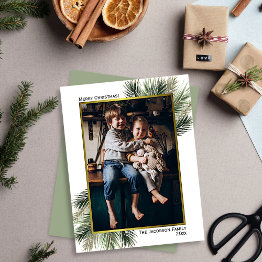 Small Simple Pine Branches & Gold Photo Frame Christmas Holiday Invitations Front View