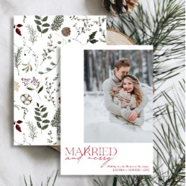 Small Simple Red Married And Merry Newlyweds Photo Holiday Invitations Front View