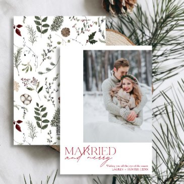 simple red married and merry newlyweds photo holiday invitations