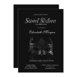 Small Simple Silver Masque Black Sweet 16 Invitation Front View