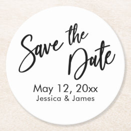 Small Simple Typography Save The Date Black & White Round Paper Coaster Front View