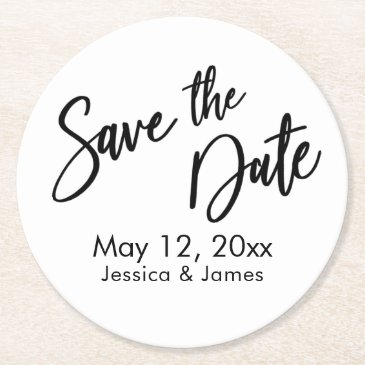 simple typography save the date black & white round paper coaster