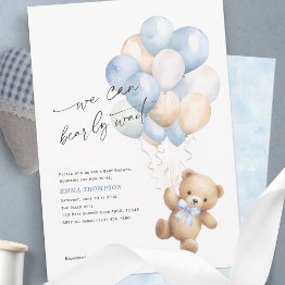 Small Simple We Can Bearly Wait Blue Baby Boy Shower Invitation Front View