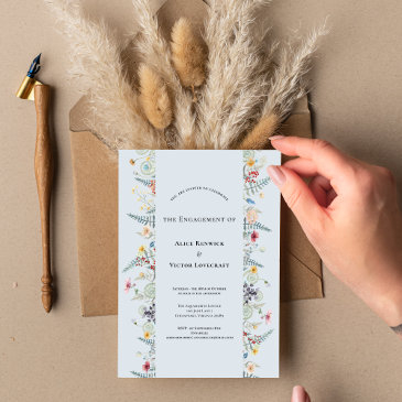 simple wildflower fern dusty blue engagement party invitation