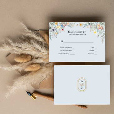 simple wildflower fern dusty blue wedding monogram rsvp invitations