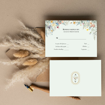 simple wildflower fern mint green wedding monogram rsvp invitations
