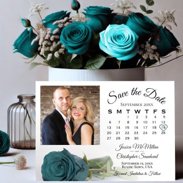 single teal rose elegant wedding calendar & photo save the date