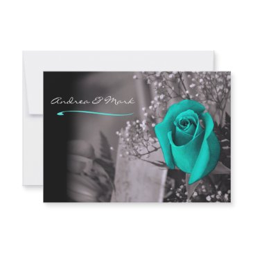 single turquoise rose fade to black wedding invitation