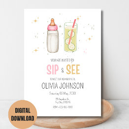 Small Sip And See, Welcome Baby Girl, New Baby Party Invitation Front View
