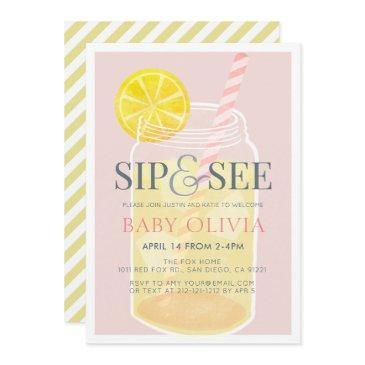 sip & see lemonade mason jar pink baby shower invitation
