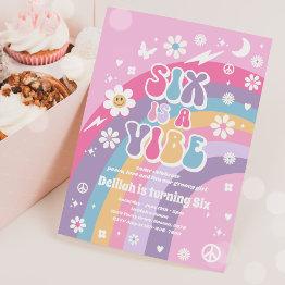 Small Six Is A Vibe Groovy Hippie Rainbow 6th Birthday Invitation Front View
