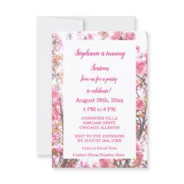 Small Sixteenth Birthday Hot Pink Cherry Blossom Floral Invitation Front View