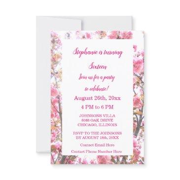 sixteenth birthday hot pink cherry blossom floral invitation