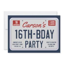 Small Sixteenth Birthday License Plate Birthday Party Invitation Front View