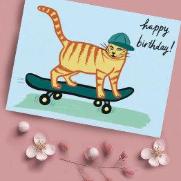 Small Skateboarding Tabby Cat Happy Birthday Postinvitations Front View