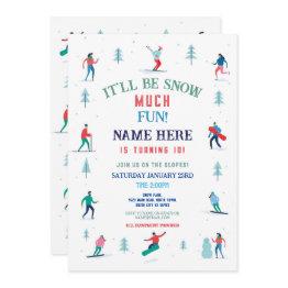 Small Skiing Birthday Party Slopes Ski Snowboard Snow Invitation Front View