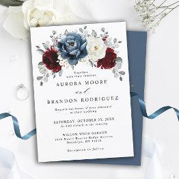 Small Slate Blue Burgundy White Ivory Floral Wedding Invitation Front View