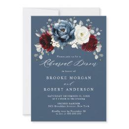 Small Slate Blue Burgundy White Ivory Rehearsal Dinner  Invitation Front View