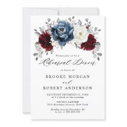 Small Slate Blue Burgundy White Ivory Rehearsal Dinner  Invitation Front View