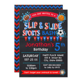 Small Slip And Slide Sports Birthday Bash Red White Blue Invitation Front View