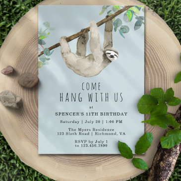 sloth come hang | sky blue fun kids birthday party invitation