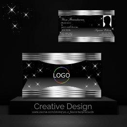 Small Smart Black Silver Shimmer Borders Logo And Photo Business Invitations Front View