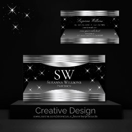 Small Smart Black Silver Shimmer Borders With Monogram Business Invitations Front View