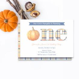 Small Smart Pumpkin Madras Plaid Boy 1st Birthday Party Invitation Front View