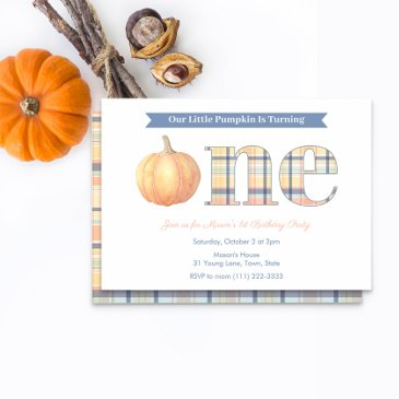 smart pumpkin madras plaid boy 1st birthday party invitation