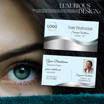 smart teal wavy silver decor with logo and photo business invitations