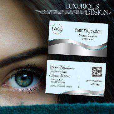 smart teal wavy silver decor with logo and qr code business invitations