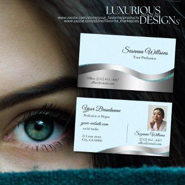 smart teal wavy silver decor with photo classy business invitations