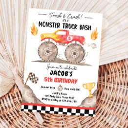 Small Smash Crash Monster Truck Bash Red Boy Birthday Invitation Front View