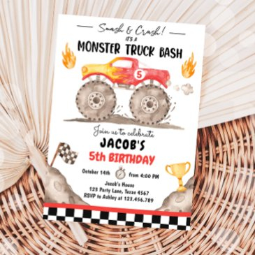 smash crash monster truck bash red boy birthday invitation