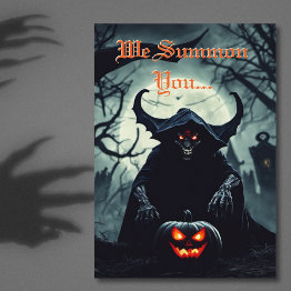 Small Smiling Scary Red Eyed Demon Halloween Invitation Front View