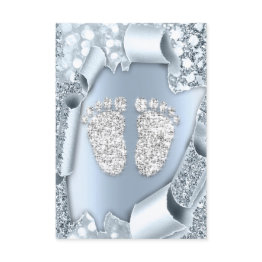 Small Smoky Blue Baby Shower Feet Boy Girl 3d Glitter Invitation Front View