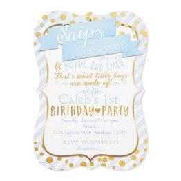 Small Snips & Snails Blue Gold Birthday Party Invitation Front View