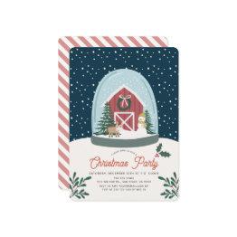 Small Snow Globe Barn Christmas Holiday Party Invitation Front View
