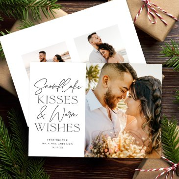 snowflake kisses newlywed christmas three 3 photo holiday invitations