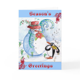 Small Snowman And Penguin's Winter Serenade Holiday Invitations Front View