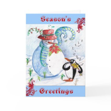 snowman and penguin's winter serenade holiday invitations