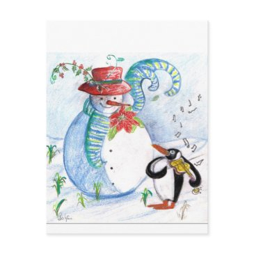 snowman and penguin's winter serenade postinvitations