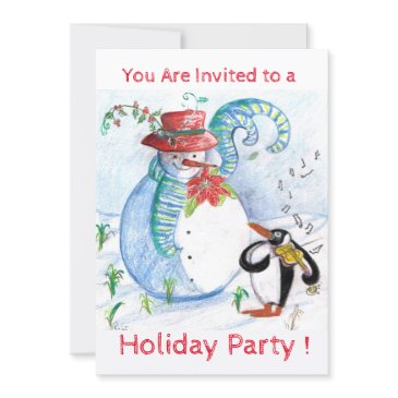 snowman, penguin's winter serenade holiday party invitation